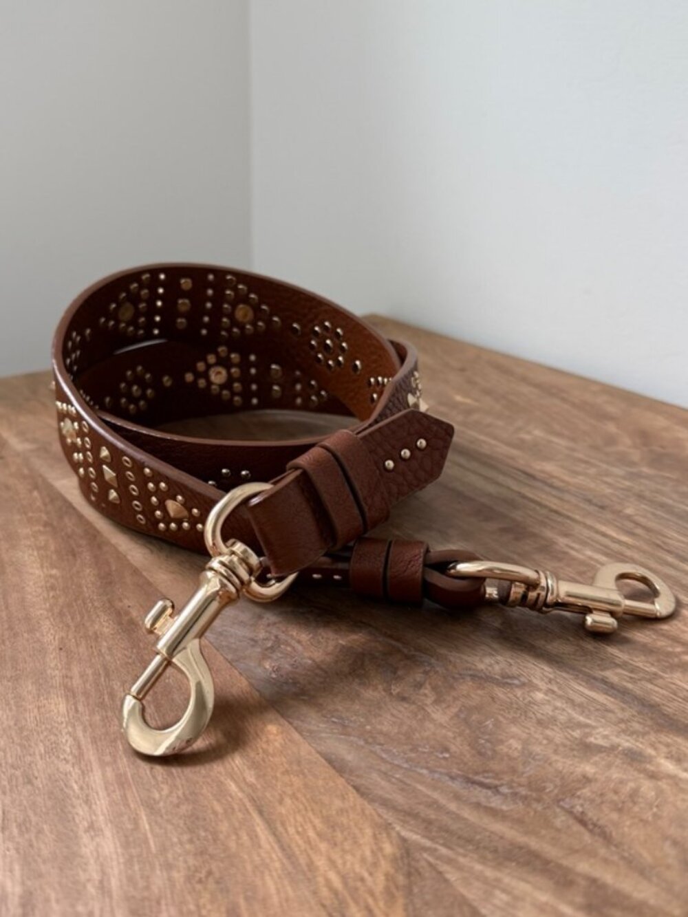 BOHO STUDDED Guitar Purse Strap Gold Hardware Brown Leather